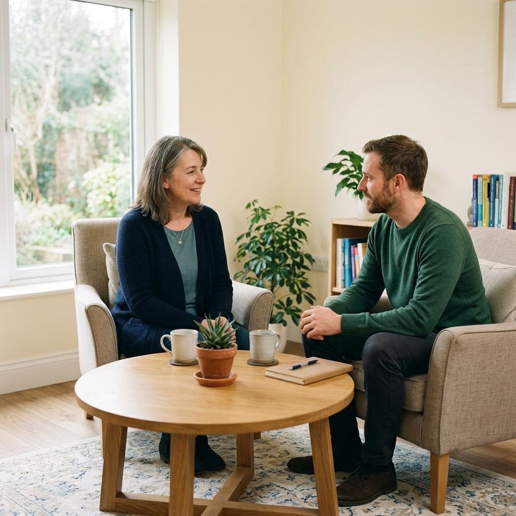 Illustrative scene of two adults talking in a calm, sunlit room with comfortable chairs.