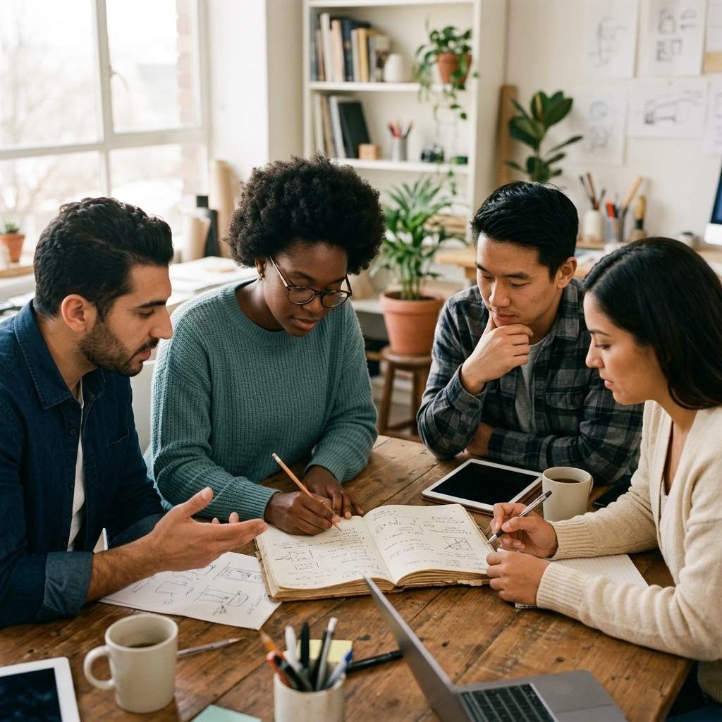 Illustrative scene of four people working together around a notebook at a wooden table.