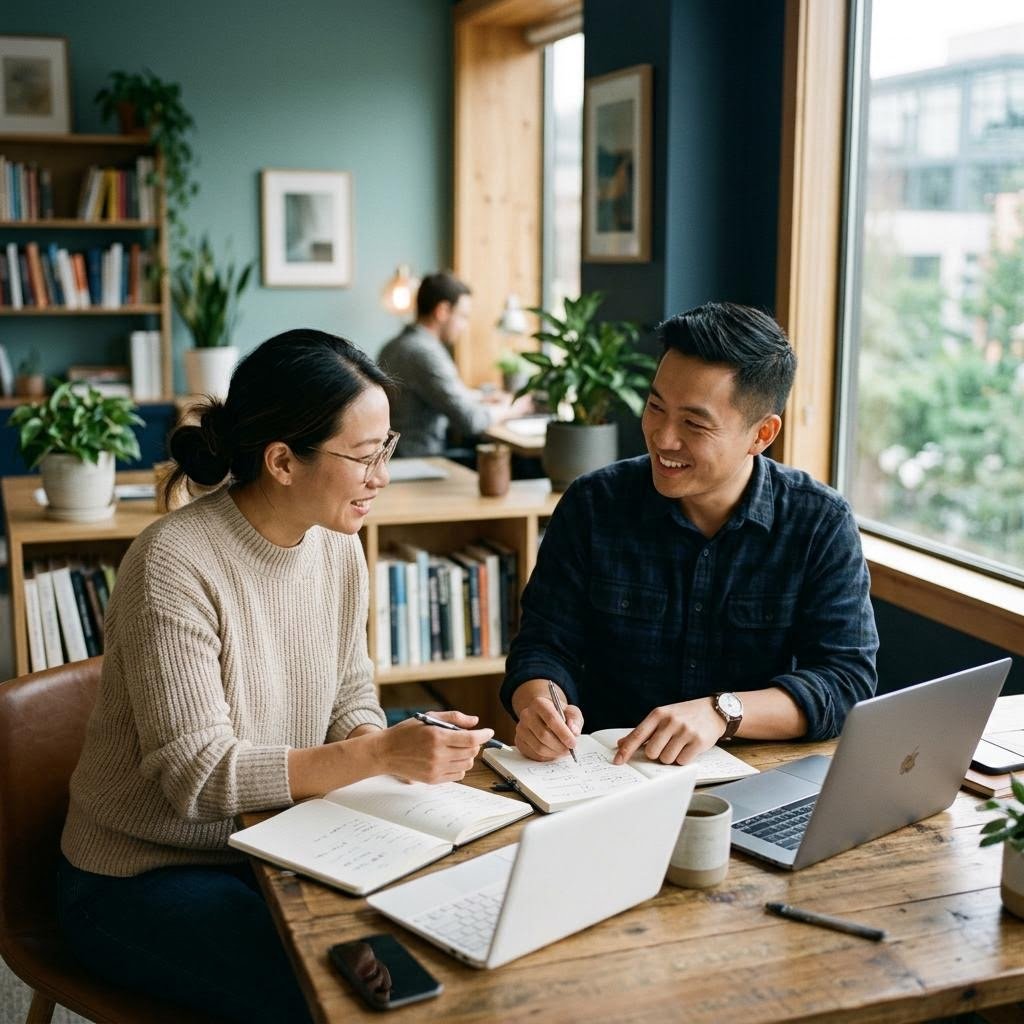 Illustrative scene of two colleagues reviewing notes beside laptops at a shared desk.