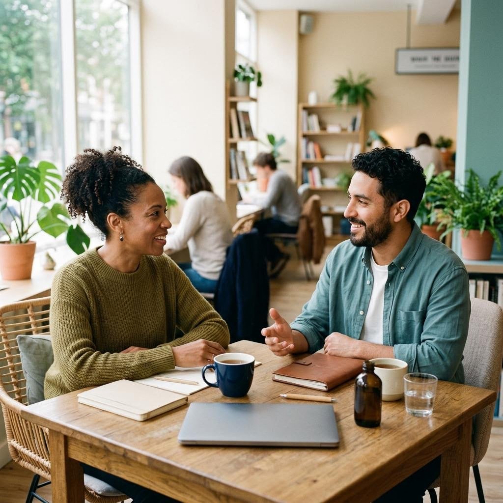 Illustrative scene of two adults having a friendly conversation at a table with coffee and notebooks.