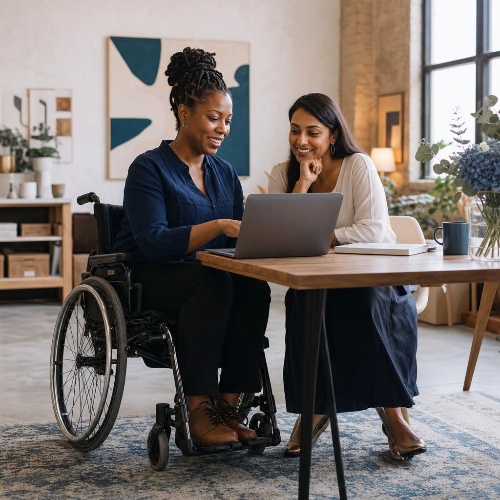 Illustrative scene of two women, one using a wheelchair, collaborating at a laptop in a bright workspace.