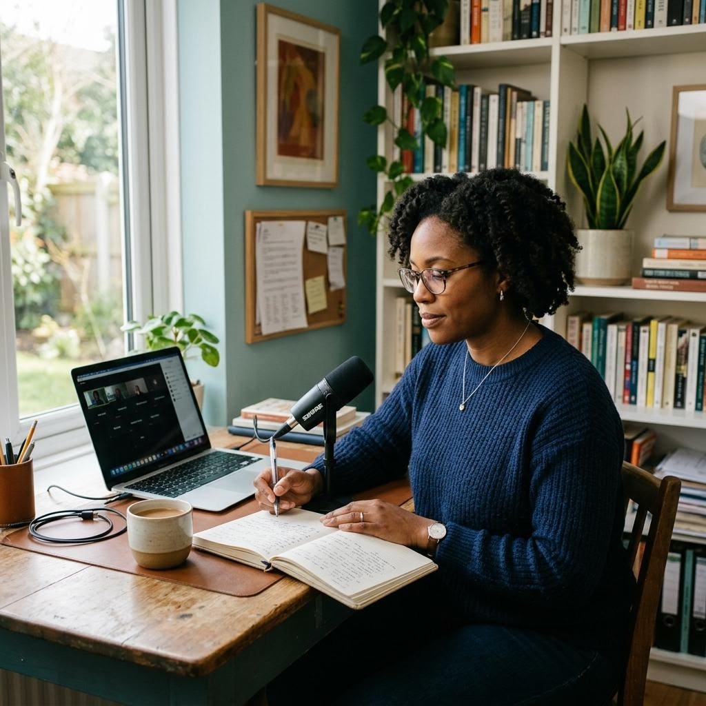 Illustrative scene of an educator writing notes beside a microphone and laptop in a home workspace.