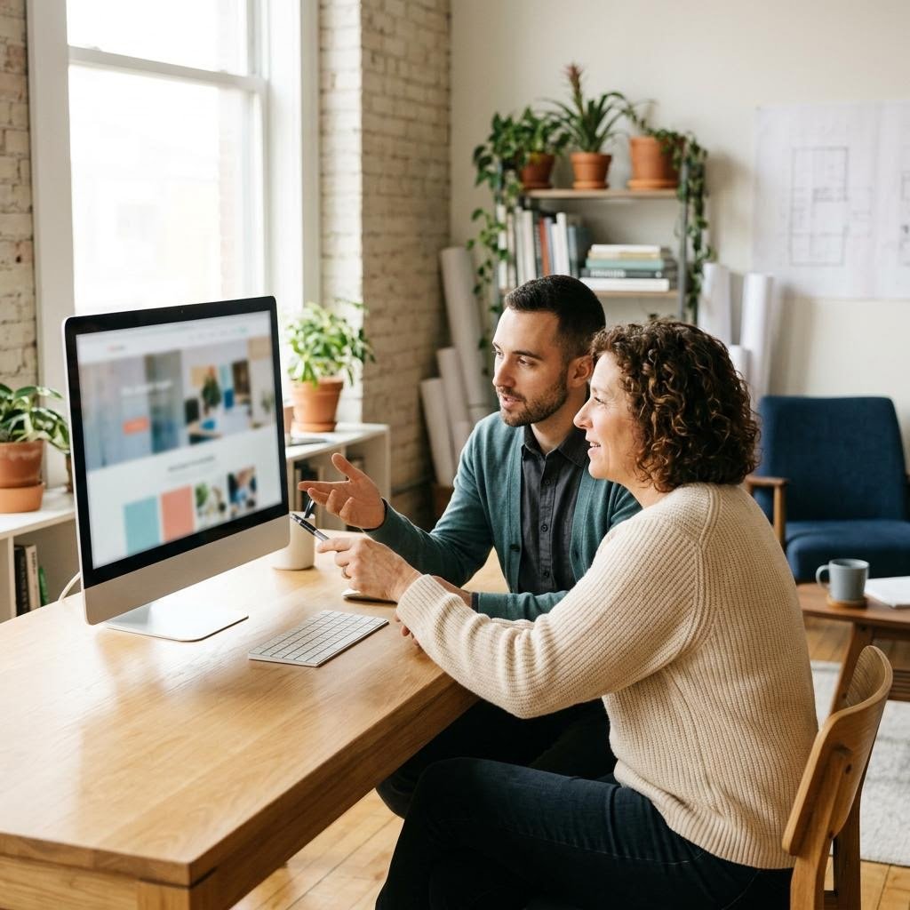 Illustrative scene of two people reviewing a website on a desktop monitor in a bright office.