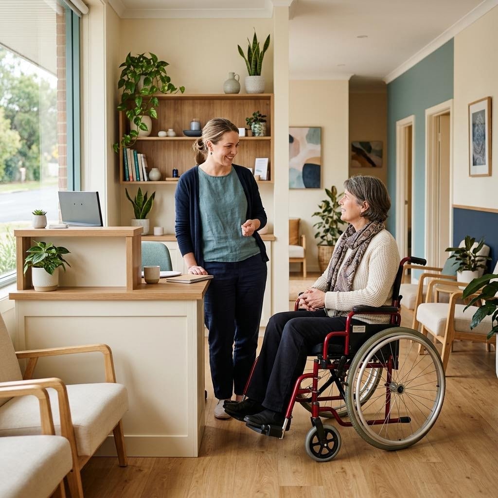 Illustrative scene of two adults talking in an accessible reception area; one uses a wheelchair.
